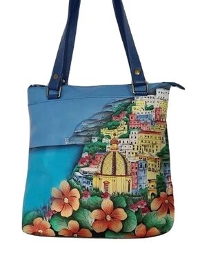 Nwt Anuschka blue Europian Beach Sea Flowers Bag Purse painted leather #7473